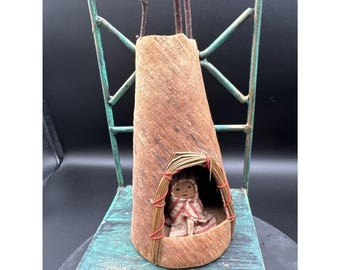 Vintage Handcrafted American Indian Birch Bark Teepee/Wigwam W/Doll 1966