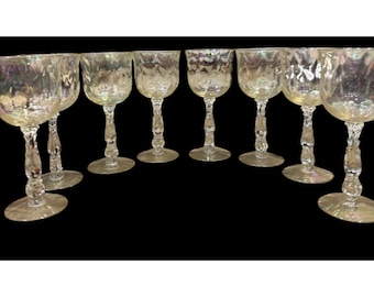 Antique Fostoria Cellini Loop Optics Flora Stem Iridescent Glasses Lot Of 8 MCM