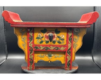 Antique Buddhist Red & Yellow Painted Wood Table Alter w/ Drawer Stool Asian