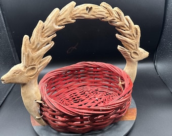 Cestino di Natale vintage con manico di cervo intagliato a mano, arte popolare, stile cottage, nonna, unico.