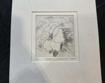 Vintage ets door Jessie Hall Mayer (1910-2009) 7/25 azaleaprint. ZELDZAAM. Teken