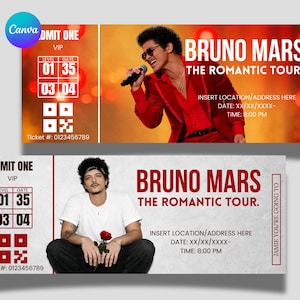 Op de afbeelding: Twee concertkaartjes voor Bruno Mars' "The Romantic Tour". De kaartjes tonen afbeeldingen van Bruno Mars, met de tekst "BRUNO MARS THE ROMANTIC TOUR". Elk kaartje bevat VIP-informatie, een ticketnummer en een datum en tijd.