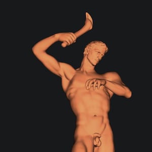 May include: A 3D-rendered sculpture of a nude male figure in a dynamic pose, holding a curved object overhead. The sculpture is a warm, light brown colour against a dark background, highlighting the form and musculature.