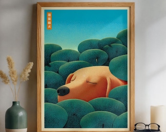 Japanese Golden Retriever Poster Print, Japandi Sleeping Dog Wall Art, Blue Bedroom Decor
