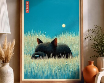 Japanese Scottish Terrier Poster Print, Sleeping Scottie Decor, Japandi Dog Wall Art