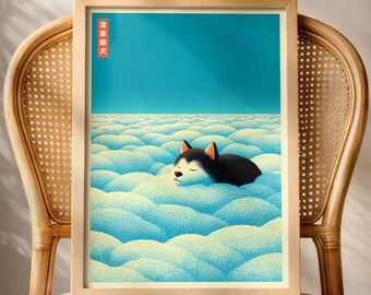 Japanese Siberian Husky Poster Print, Japandi Sleeping Dog Wall Art, Winter Blue Decor