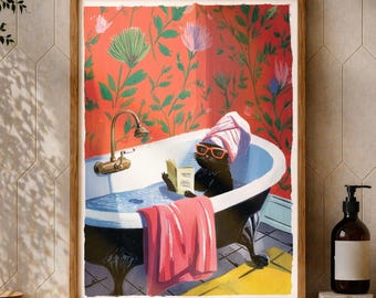 Arte de pared para baño con gato negro, regalo para amantes de los libros, póster divertido para el baño, decoración que estimula la dopamina.