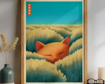 Japanese Ginger Cat Wall Art, Japandi Sleeping Cat Poster, Print for Living Room