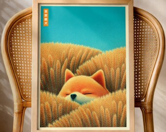 Japanese Style Dog Poster, Sleeping Pomeranian, Japandi Wall Art, Calm Pet Illustration