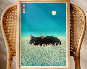 Japanese Black Cat Poster Print, Moonlit Sleeping Cat Decor, Japandi Wall Art
