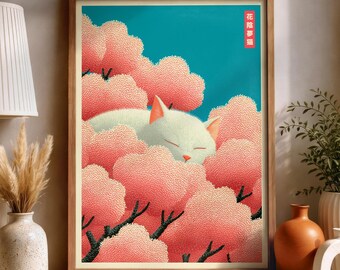 Japandi Cat Poster Print, Japanese Sleeping Cat Woodblock Wall Art, Flower Decor