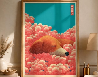 Japanese Dachshund Poster Print, Sleeping Dog in Flowers, Floral Wall Art, Japandi Decor