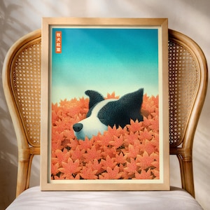 Japandi Border Collie Print, Japanese Wall Art, Sleeping Dog Poster, Autumn Maple Leaves