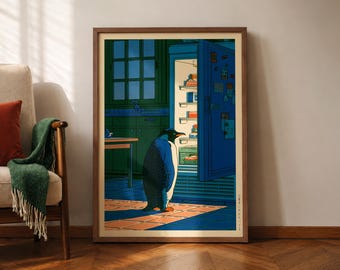 Japanese Penguin Poster, Penguin Fridge Print, Funny Kitchen Wall Art, Hasui Kawase Art, Hiroaki Takahashi Style, Shin-Hanga Wall Art
