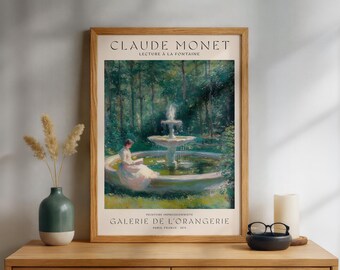 Claude Monet Inspired Garden Poster, French Impressionist Reading Scene, Green Gallery Wall Decor
