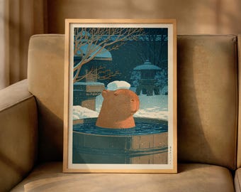 Japanese Capybara Poster, Snowy Hot Spring Print, Japandi Bathroom Decor, Hasui Kawase Inspired, Hiroaki Takahashi Style Shin-Hanga Wall Art