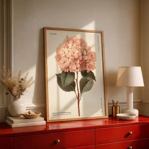 May include: A framed botanical print of a pink hydrangea bloom with green leaves and the text "BLOOMS" at the top. The print is displayed on a red dresser with a lamp, vase, and other decorative items.