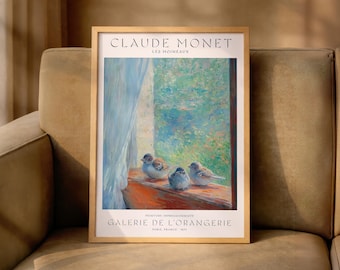 Affiche murale style Monet représentant un moineau impressionniste, décoration champêtre française, style jardin botanique pour le salon