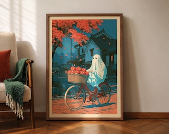 Japanese Halloween Poster, Ghost Bicycle Print, Autumn Pumpkin Wall Art, Hasui Kawase Inspired, Hiroaki Takahashi Style, Shin-Hanga Inspired