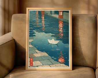 Japanese Paper Boat Poster, Rainy Street Print, Living Room Decor, Hasui Kawase Inspired, Hiroaki Takahashi Style, Shin-Hanga Wall Art