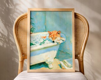 Shiba Inu Bathroom Wall Art Print, Shiba Inu Bathtub Poster, Funny Dog Bath Art, Whimsical Dog Print, Colourful Bath Decor