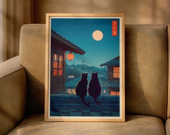 日本の黒猫ポスター、月明かりを見つめる猫たち、居心地の良い寝室の装飾、川瀬巴水プリント、高橋弘明スタイル、新版画ウォールアート