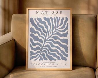 Soft Blue Matisse Inspired Print, Botanical Cut-Out Leaf Wall Art, Minimalist Cream Poster, Modern Abstract Art Print for Neutral Home Decor