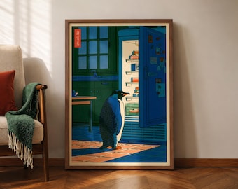 Japansk pingvinposter, pingvinkylskåpstryck, rolig köksväggkonst, Hasui Kawase-konst, Hiroaki Takahashi-stil, Shin-Hanga-väggkonst