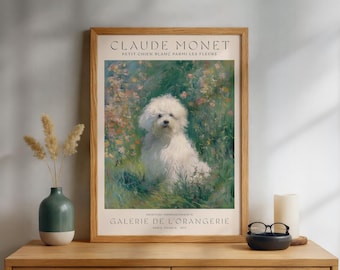 Claude Monet Inspired Bichon Frise Poster, French Garden Floral Dog Wall Art