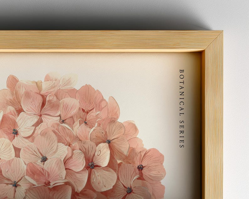May include: A framed botanical print featuring a close-up of pink hydrangea flowers. The artwork is part of the "Botanical Series" and is set within a light wood frame, creating a natural and elegant aesthetic.