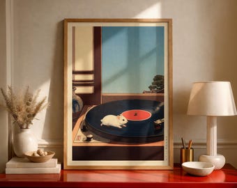 Japanese Record Player Poster, Running Hamster, Funny Living Room Decor, Hasui Kawase Print, Hiroaki Takahashi Style, Shin-Hanga Wall Art