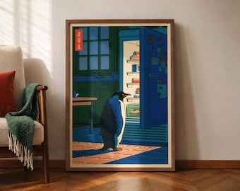 Japanese Penguin Poster, Penguin Fridge Print, Funny Kitchen Wall Art, Hasui Kawase Art, Hiroaki Takahashi Style, Shin-Hanga Wall Art