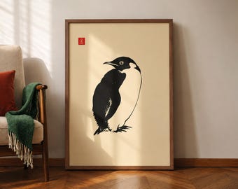 Sengai Gibon-inspirerad pingvinkonsttryck, japansk affisch i Hakuin Ekaku-stil, djurtryck i zenbläck, vintage fågelväggkonst