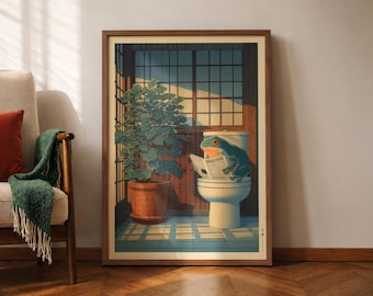 Japanese Frog Poster, Frog Bathroom Decor, Funny Toilet Wall Art, Hasui Kawase Inspired, Hiroaki Takahashi Style, Shin-Hanga Print