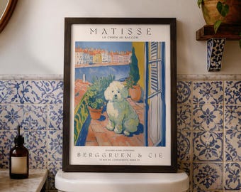 Henri Matisse Inspired Dog Poster, Coastal Balcony Wall Art, French Riviera View, Pet Print
