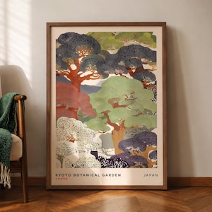 May include: A framed rectangular wall art print featuring a stylized illustration of trees in the Kyoto Botanical Garden. The artwork displays various shades of green, dark blue, and reddish-brown foliage. The text reads KYOTO BOTANICAL GARDEN JAPAN.