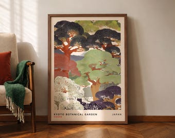 Kyoto Botanical Garden Vintage Art Print – Japandi Nature Wall Decor for Living Room, Japanese Tree Landscape Poster