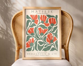 Matisse Inspired Floral Print, Botanical Cut Out Wall Art, Sage Green and Coral Flower Poster, Modern Art Print for Neutral Interiors