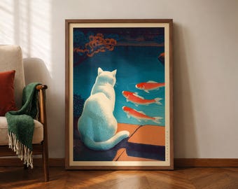 Japanese Cat Poster, Cat Watching Koi-Fish Pond, Cozy Living Room Decor, Hasui Kawase Print, Hiroaki Takahashi Style, Shin-Hanga Wall Art