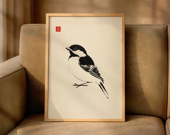 Sengai Gibon-inspirerat sparvtryck, japansk affisch i Hakuin Ekaku-stil, vintage fågelkonsttryck, djurväggkonst, minimalistisk djurgåva