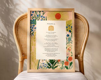 Psalm 23 Skrifttryck, Kristen bibelversväggkonst, Blommig botanisk affisch, Inspirerande trostryck, Religiös gåva