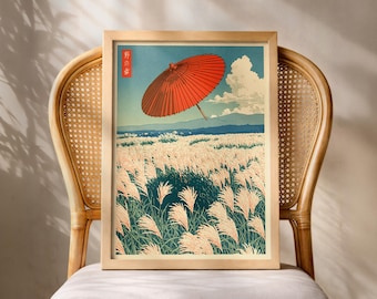 Japanese Red Umbrella Poster, Pampas Field Print, Living Room Decor, Hasui Kawase Inspired, Hiroaki Takahashi Style, Shin-Hanga Wall Art