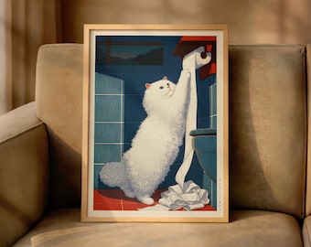 Japanese Cat Poster, Cat Toilet Paper Print, Funny Bathroom Wall Art, Hasui Kawase Art, Hiroaki Takahashi Style, Shin-Hanga Wall Art