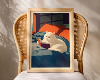Japanese Cat Poster, Reading Cat Bedroom Print, Funny Bedroom Wall Art, Hasui Kawase Art, Hiroaki Takahashi Style, Shin-Hanga Wall Art