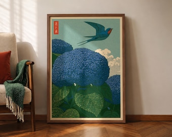 Japanese Swallow Poster, Blue Hydrangea Print, Living Room Decor, Hasui Kawase Inspired, Hiroaki Takahashi Style, Shin-Hanga Wall Art