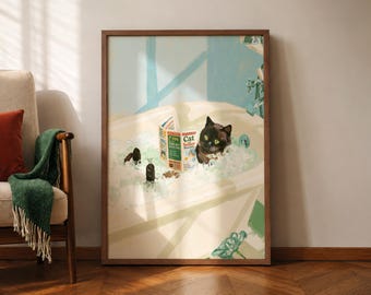 Chocolate Burmese Cat Bathroom Wall Art Print, Funny Cat Bathtub Poster, Whimsical Cat Print, Colourful Bathroom Decor