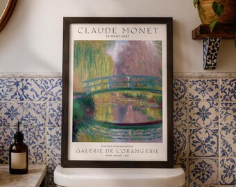 Monet Inspired Garden Bridge Painting, Impressionist French Landscape Wall Art, Vintage Water Lily Poster