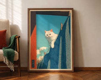 Japanese White Cat Poster, Laundry Room Cat Print, Japandi Wall Decor, Hasui Kawase Inspired, Hiroaki Takahashi style, Shin-Hanga Wall Art