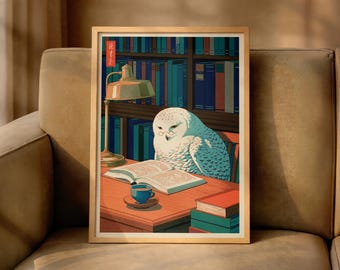 Japanese Snowy Owl Poster, Library Reading Print, Japandi Book Decor, Hasui Kawase Inspired, Hiroaki Takahashi Style, Shin-Hanga Wall Art
