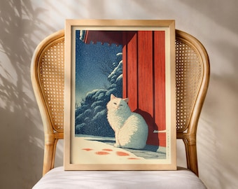 Japanese Cat Poster, White Cat Living Room Print, Cozy Living Room Wall Art, Hasui Kawase Art, Hiroaki Takahashi Style, Shin-Hanga Wall Art